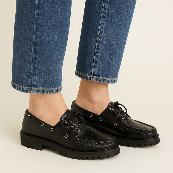 J.Crew SZ 8.5 Winola Lug Sole Boat Shoes In Croc Embossed Leather Runs Small - Picture 1 of 8